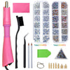 A set of crystal hot fix rhinestones, an applicator tool, and various tools for applying crystals.