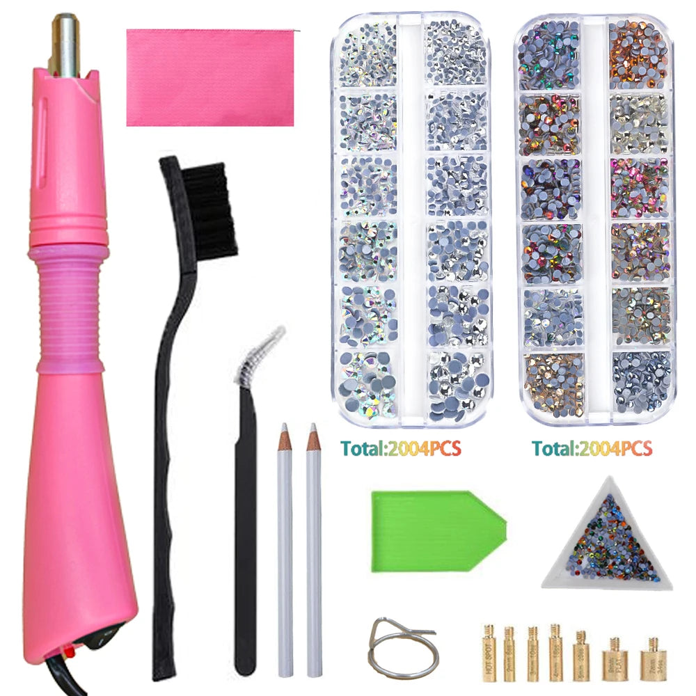 A set of crystal hot fix rhinestones, an applicator tool, and various tools for applying crystals.