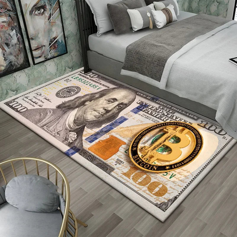 A creative dollar print anti-slip area rug featuring a large $100 bill and a Bitcoin coin on a light gray bed.