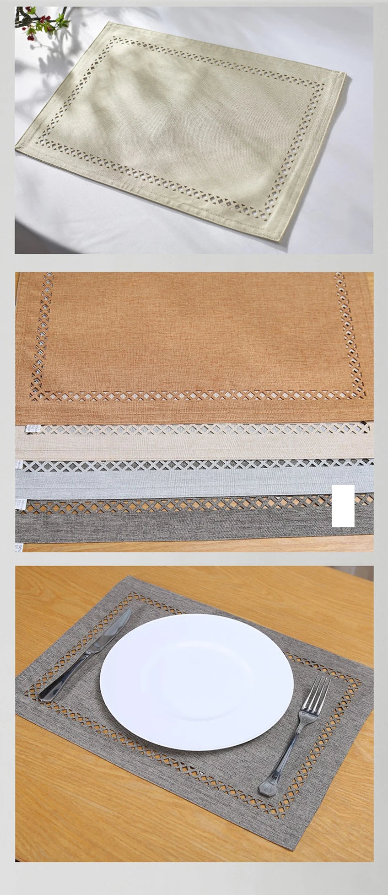 A collection of hand-embroidered linen placemats in beige, tan, and gray tones.