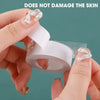 A hand is applying a clear, self-adhesive tape to a finger, demonstrating that it does not damage the skin.
