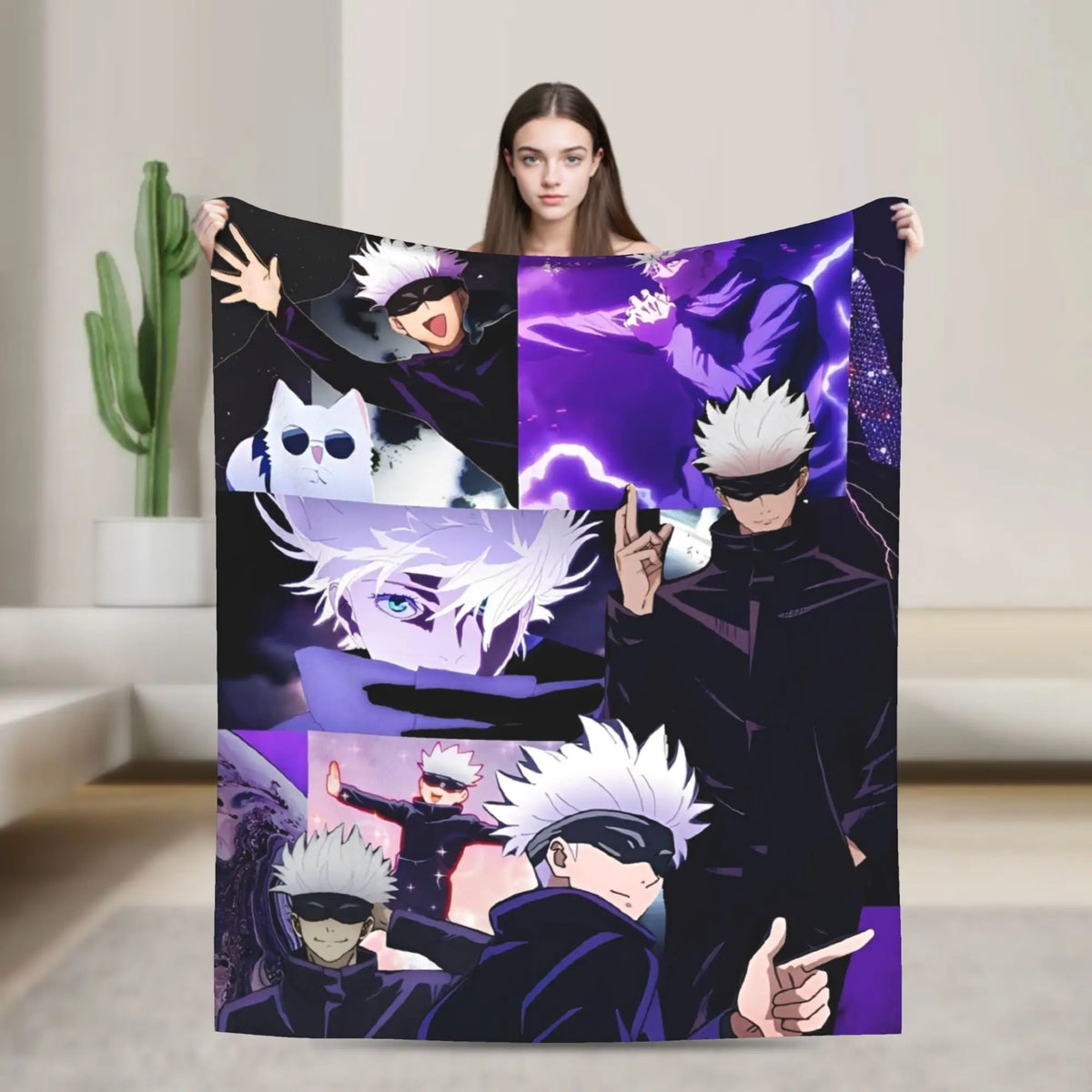 A blanket featuring characters from Jujutsu Kaisen including Gojo Satoru and other sorcerers in purple and black tones.