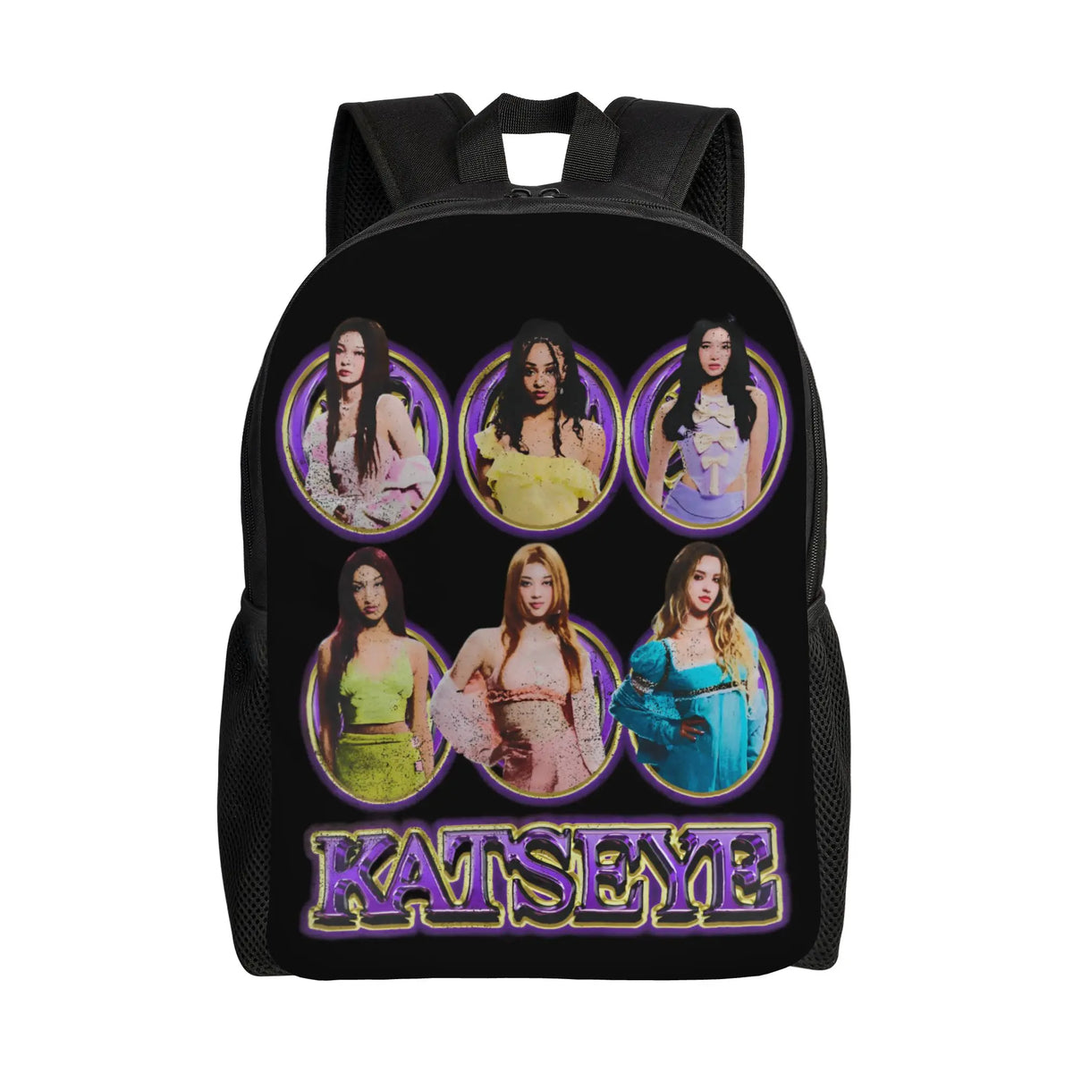 Black canvas backpack featuring nine portraits of the singer Katseye in various styles.