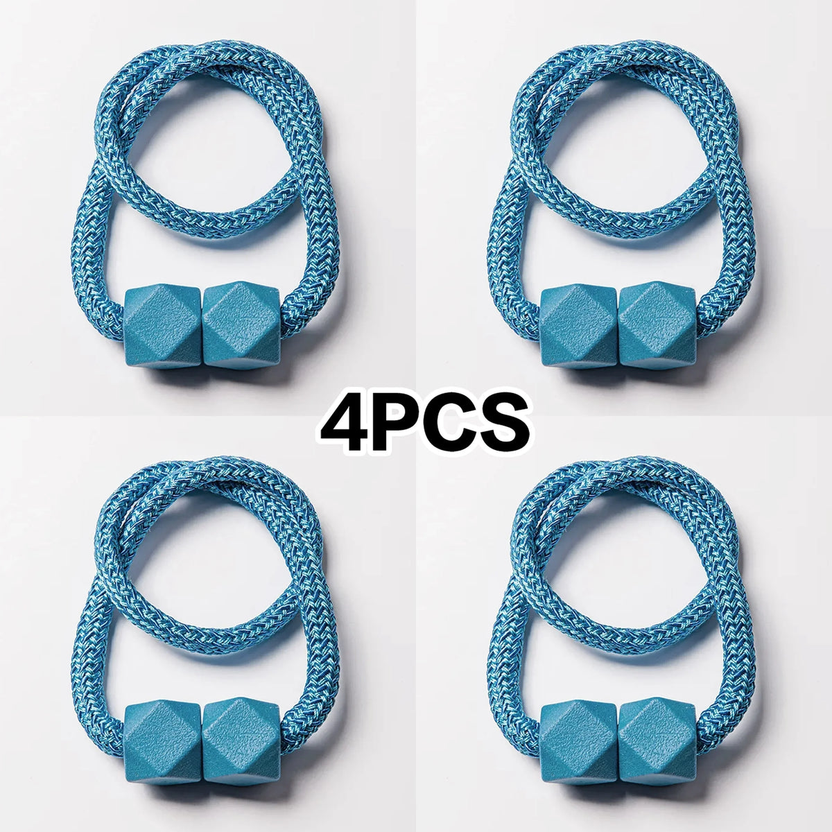 A set of four blue magnetic curtain tiebacks with a textured surface shown in various angles.