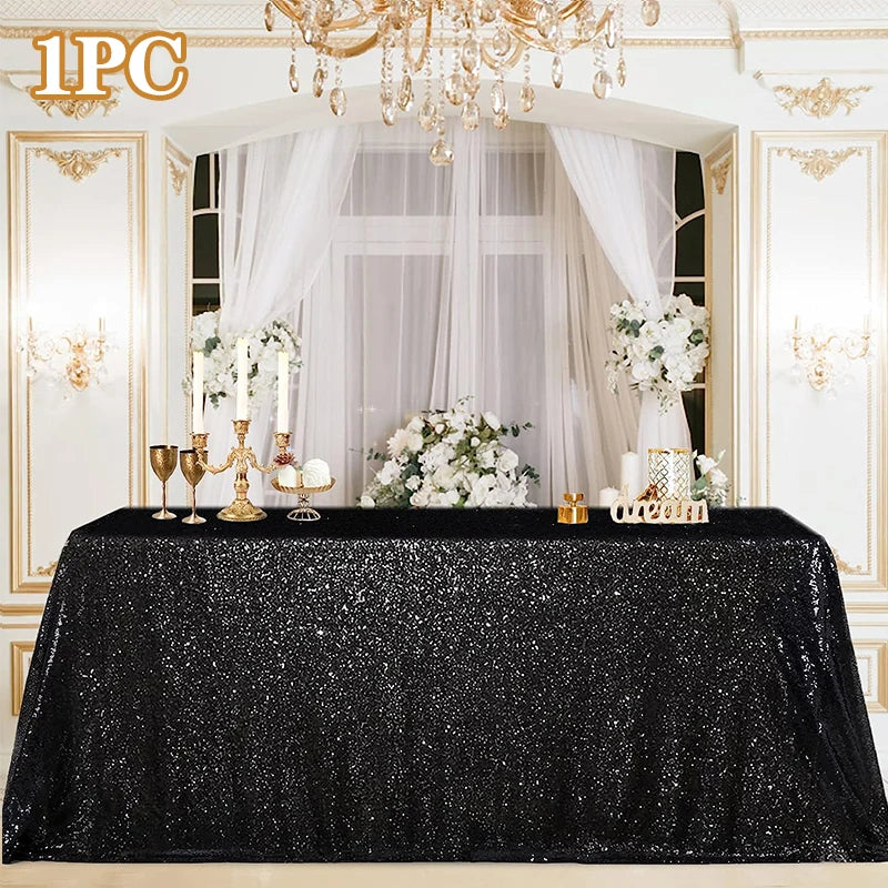 Black sequin glitter tablecloth set for weddings and parties displayed in a formal setting.