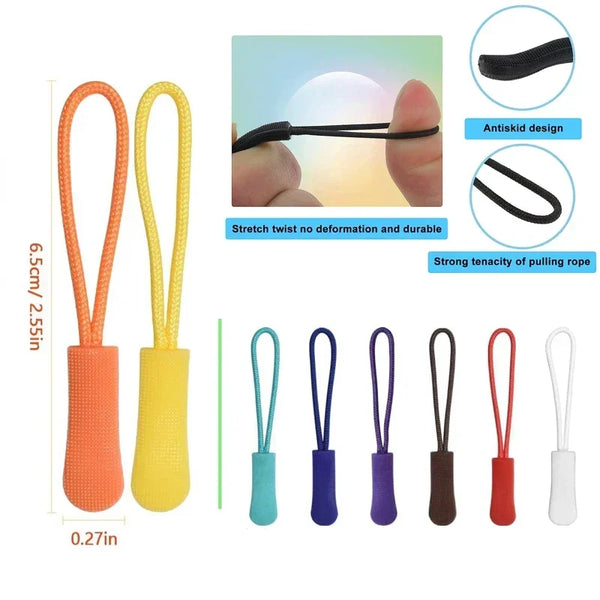A set of replacement zipper pulls in various colors, including orange, yellow, blue, purple, brown, red, and white.