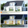 Exterior view of a modern house showing daytime and nighttime privacy protection features.