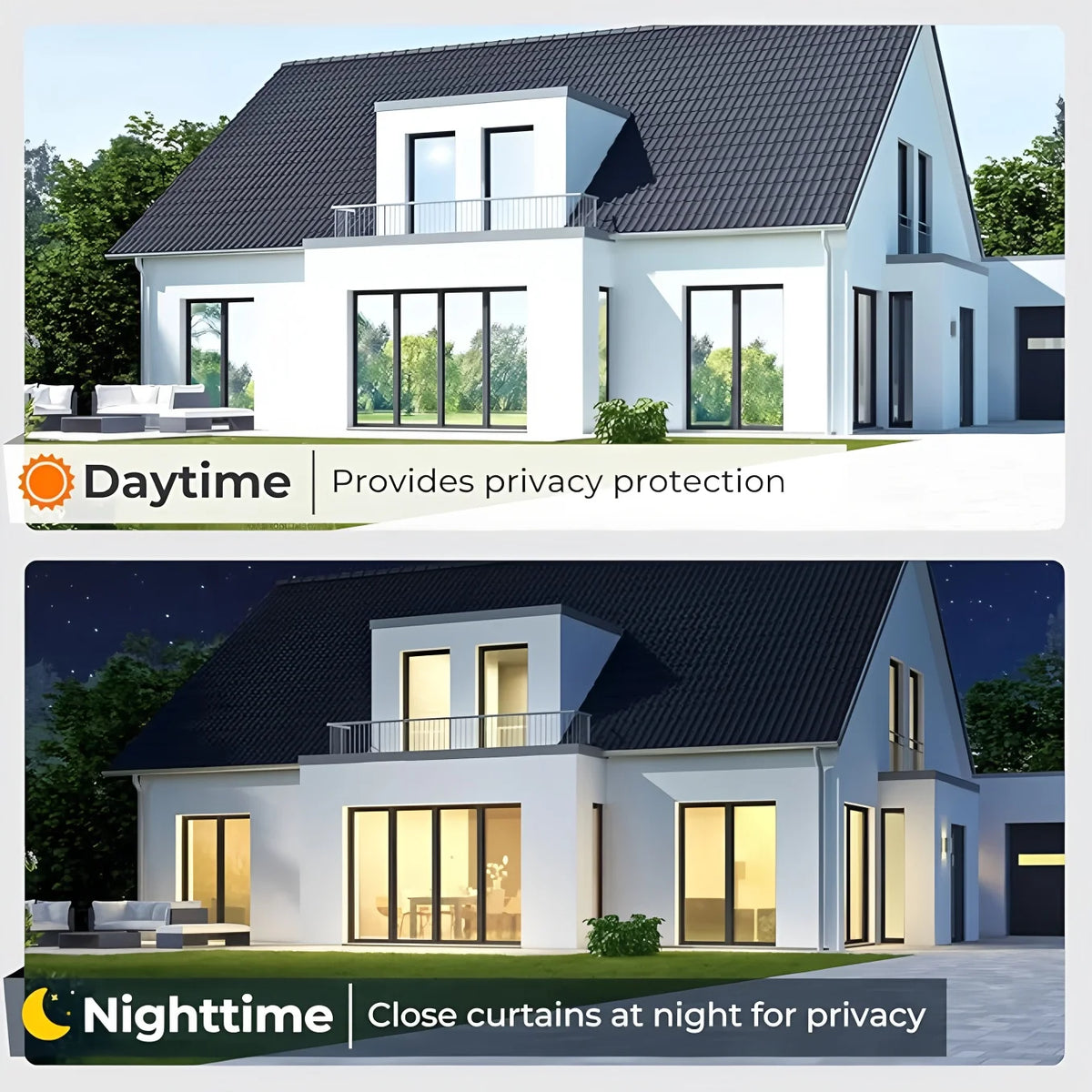 Exterior view of a modern house showing daytime and nighttime privacy protection features.