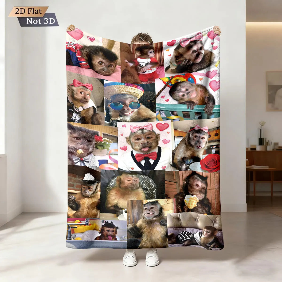 A 2D flat print featuring various funny monkey faces on a fabric background.