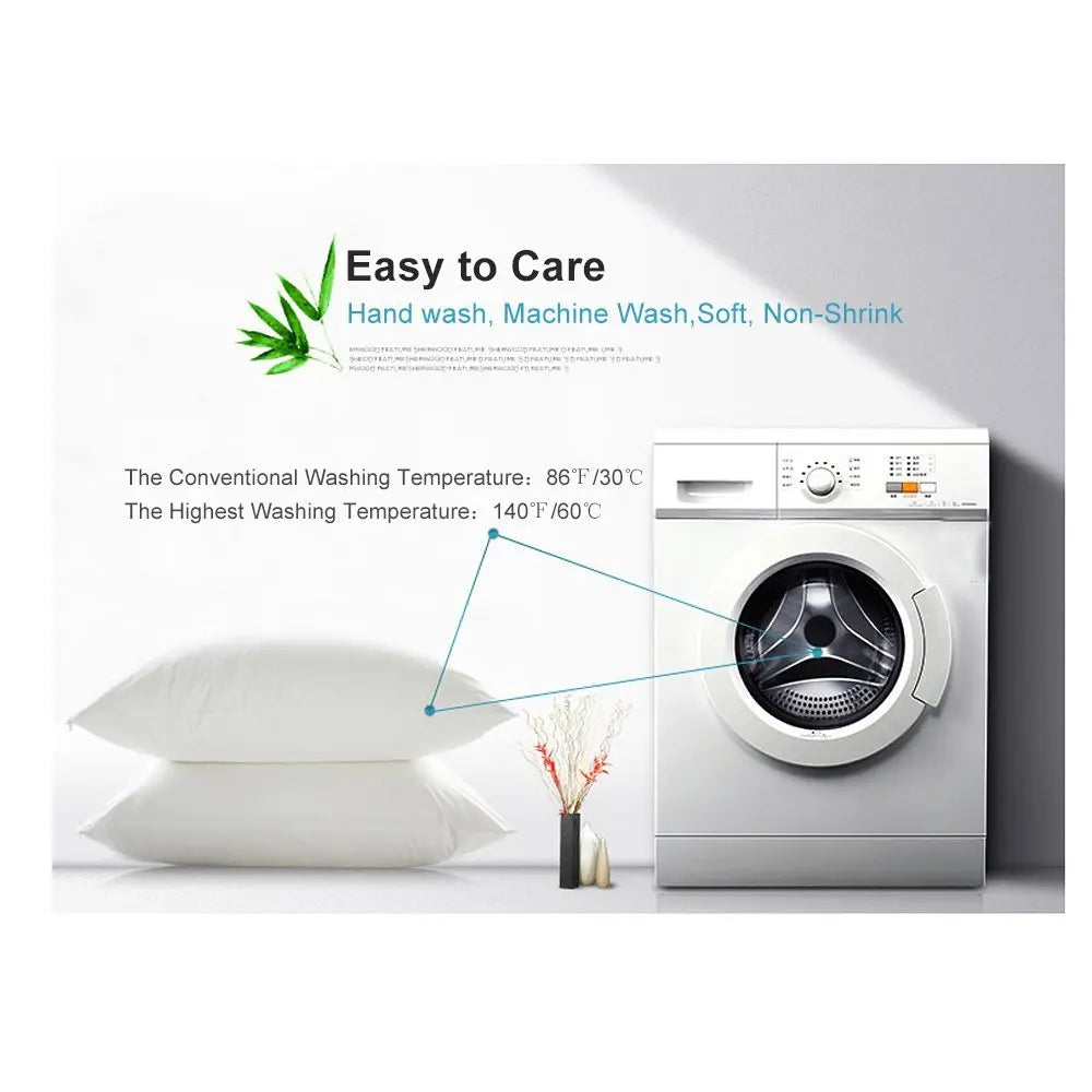 A white pillow is shown next to a washing machine with text describing easy care features.