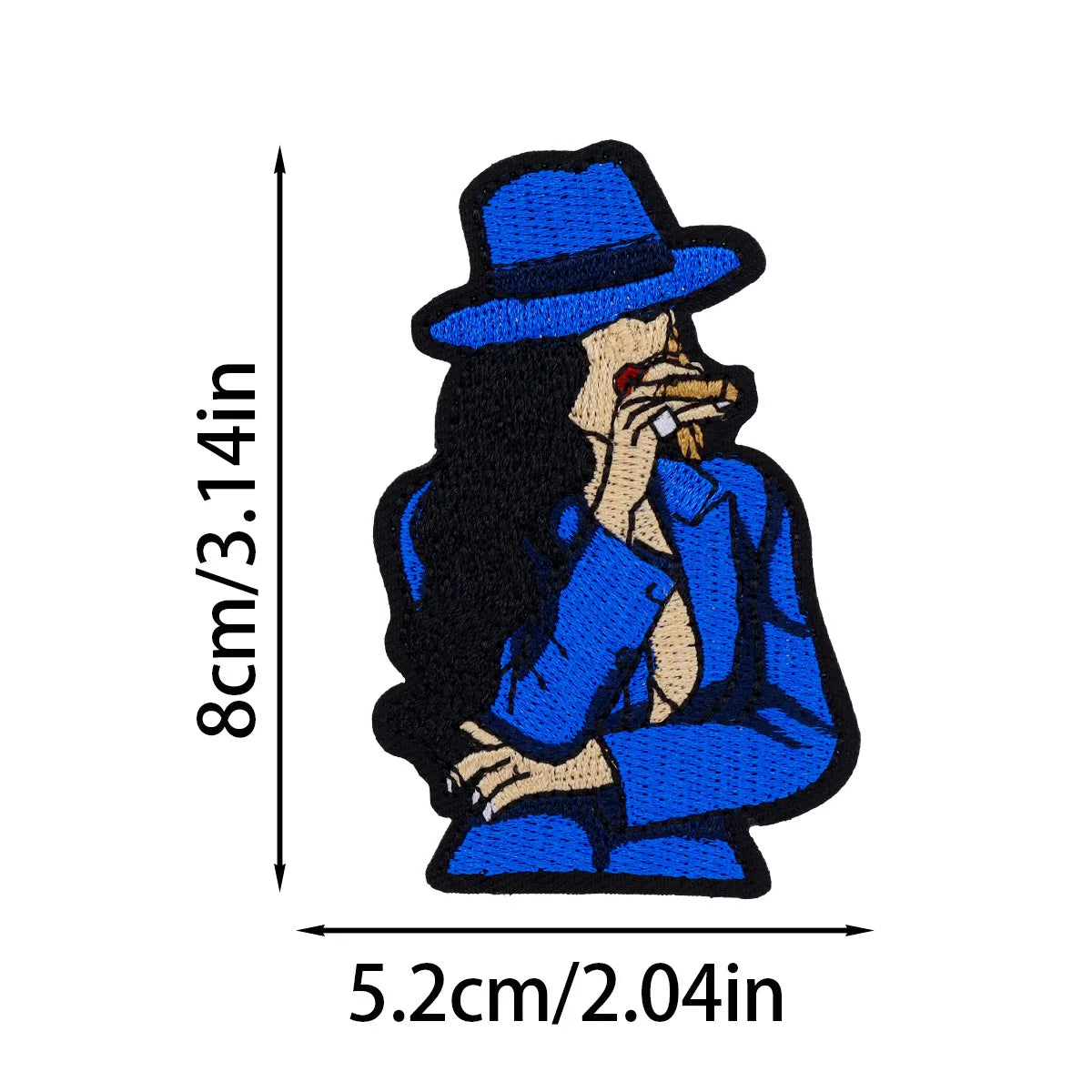 A cartoon illustration of a woman wearing a blue hat and jacket with long black hair.