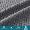 Close-up texture of a gray jacquard elastic bar stool slipcover showing a woven pattern and features like stretching, durabil