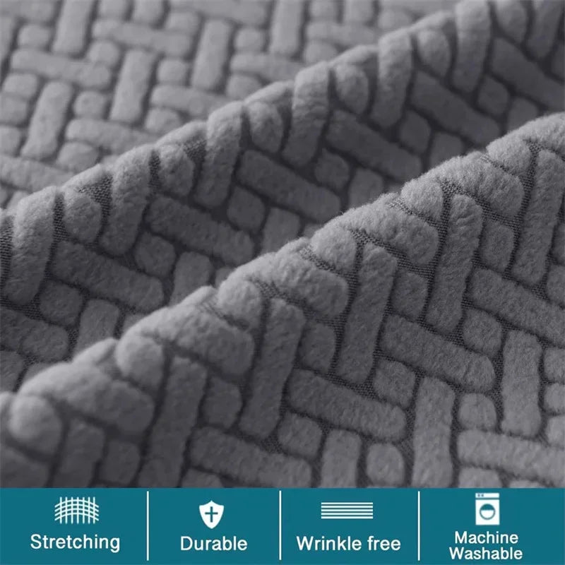Close-up texture of a gray jacquard elastic bar stool slipcover showing a woven pattern and features like stretching, durabil