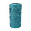 A spool of teal green cotton silk thread for knitting and crafting.