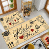 A wooden kitchen mat featuring a heart design with various cutlery and kitchen tools.