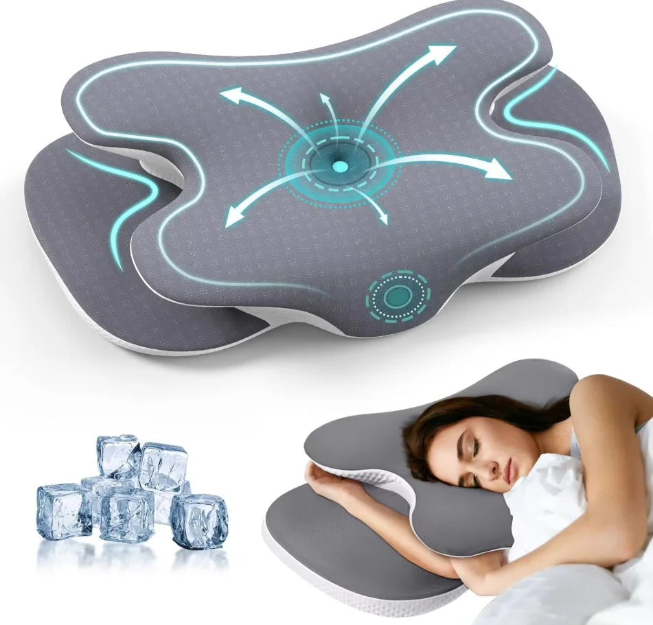 A gray ergonomic memory foam neck pillow with a silk-touch cover is shown alongside a woman using it for relaxation.