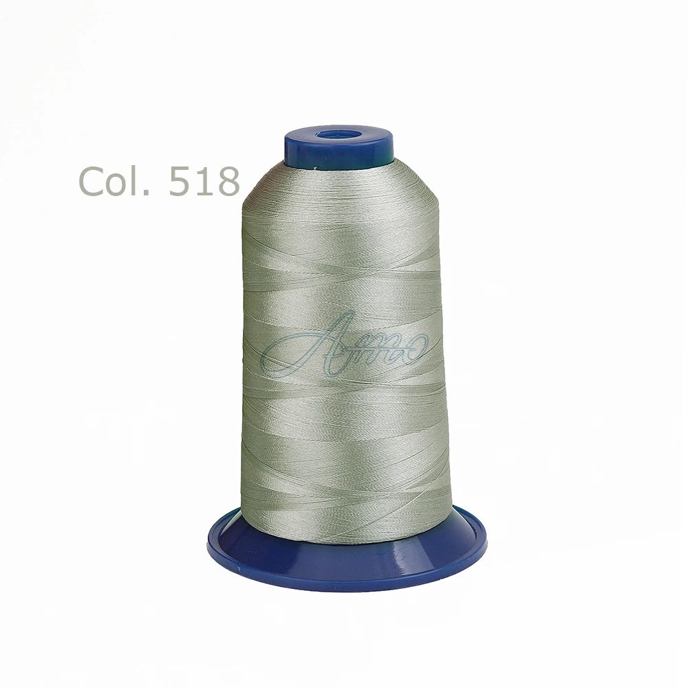 Spool of silver-green high tenacity polyester embroidery thread labeled Col. 518