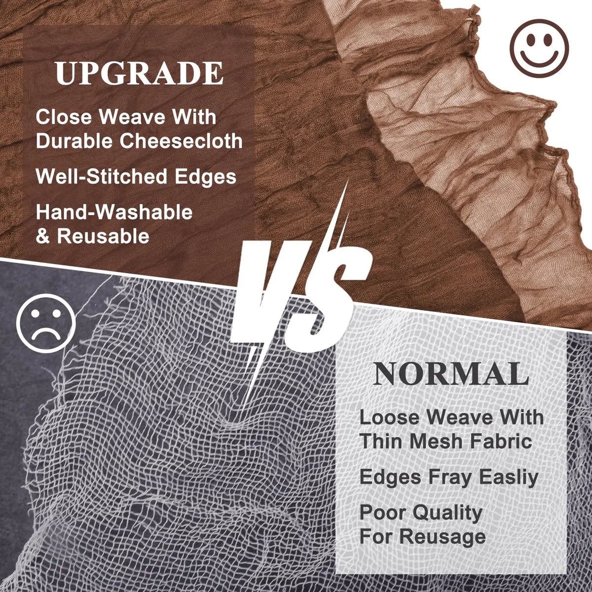 Comparison graphic showing an upgrade to a durable cheesecloth product versus a normal, flimsy mesh fabric.