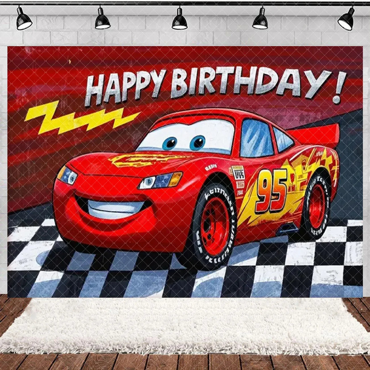 A vibrant cartoon race car backdrop for a birthday party featuring a red sports car with yellow lightning bolts and checkered