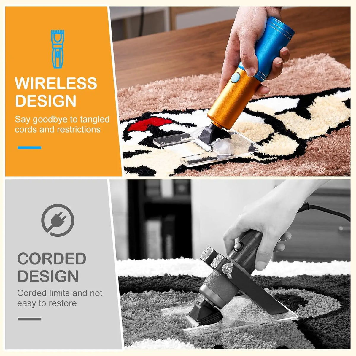 A hand operates a cordless carpet trimmer on a rug, demonstrating the difference between wireless and corded design.