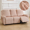 A beige chenille recliner sofa slipcover in a pinkish tone shown in a living room setting.