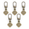 A set of five antique brass metal zipper pull replacement kits with oval-shaped charms.