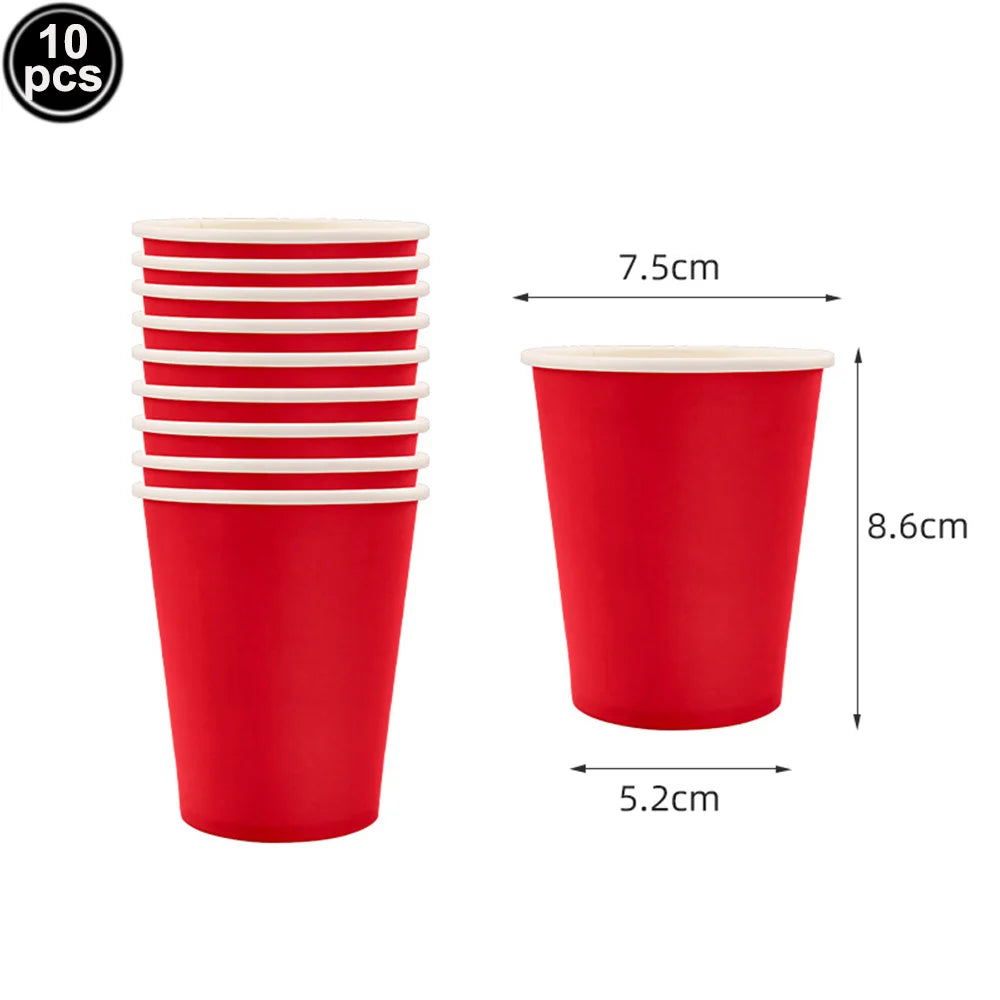 A stack of ten red plastic cups with white rims.