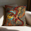 A decorative pillow cover featuring an anime-style print of a fierce red dragon with yellow and blue accents on a gray backgr