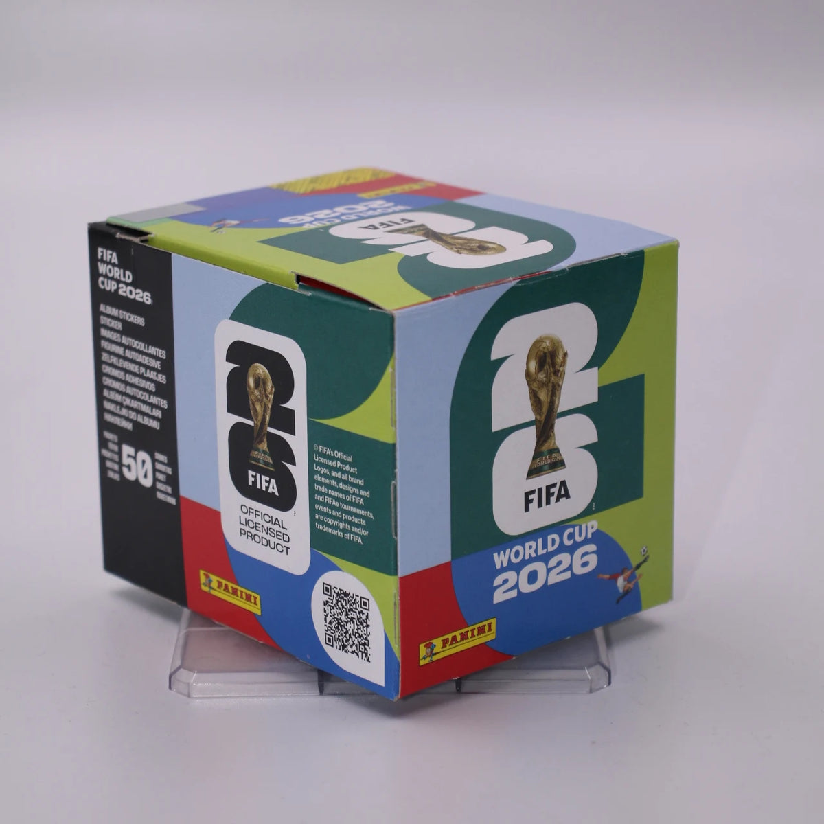 A box of 50 official licensed FIFA World Cup 2026 Panini football stickers.