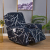 A navy blue floral print recliner and sofa slipcover set displayed on a wooden floor.