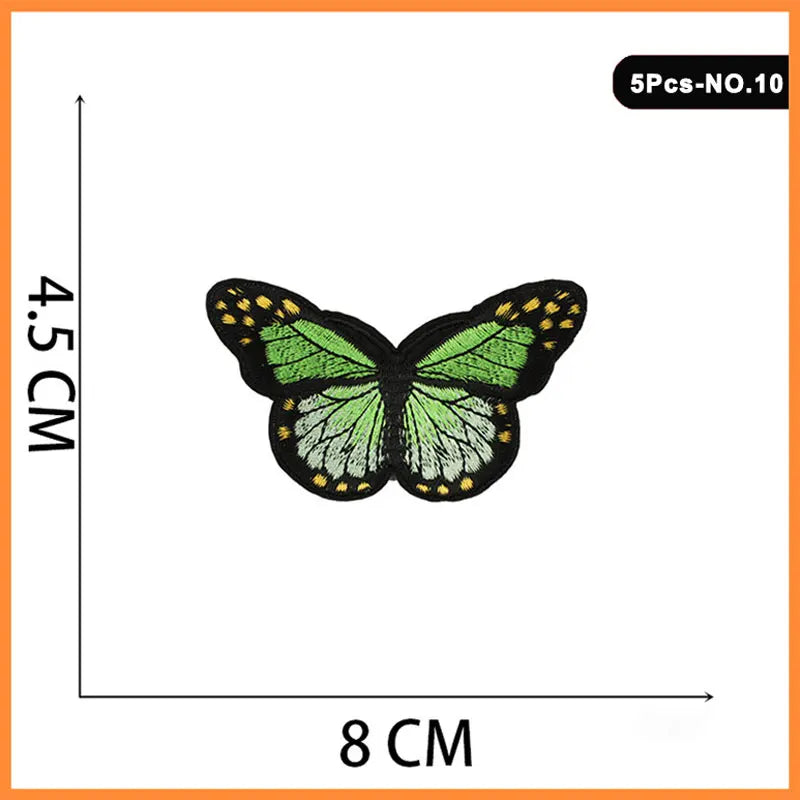 Set of 5 embroidered butterfly and rose iron-on patches, green and yellow.