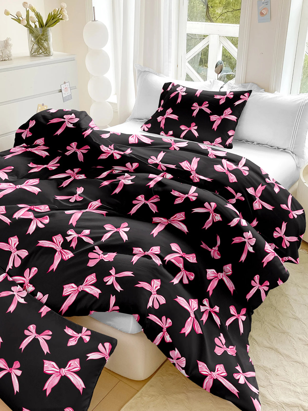 Black duvet cover set with pink plaid bow print and matching pillowcases