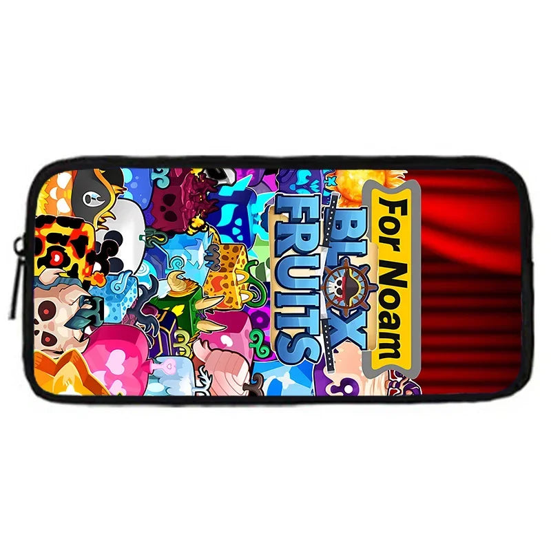 A black zippered pouch featuring a colorful cartoon fruit design for a school backpack set.