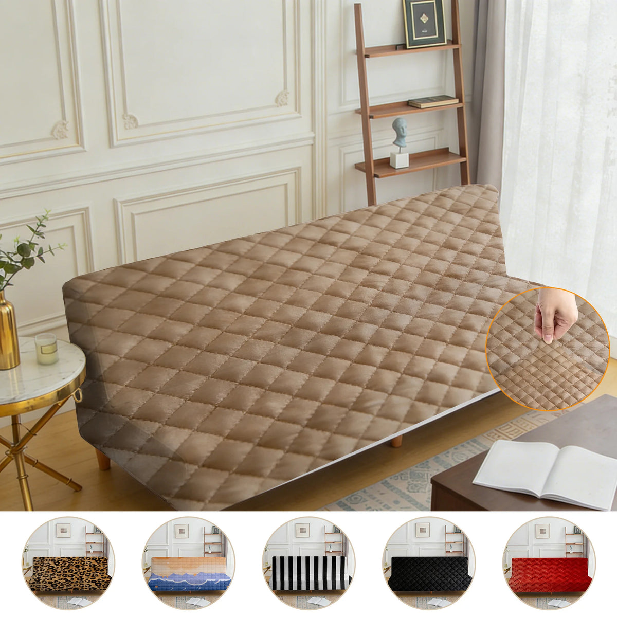 A beige quilted velvet sofa cover displayed on a wooden floor, with various color options shown below.