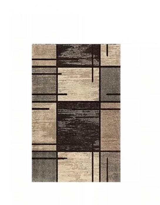 A rectangular floor mat with a checkered pattern in shades of beige, gray, and dark brown.