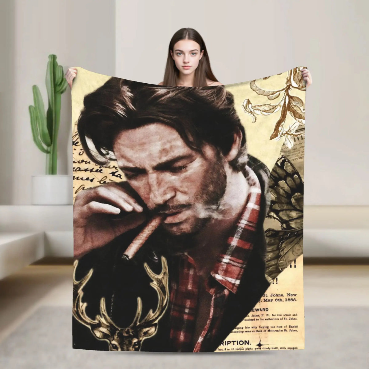 A woman holds up a large print featuring a portrait of Arthur Morgan in a plaid shirt.