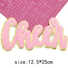 Pink felt cheer letter iron-on patch with gold glitter outline on a pink background