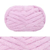 A fluffy pink hand-knitted wool finger line scarf in a ribbed texture.