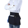 A person wearing a white shirt and dark blue jeans is shown with a black waist apron featuring three pockets.