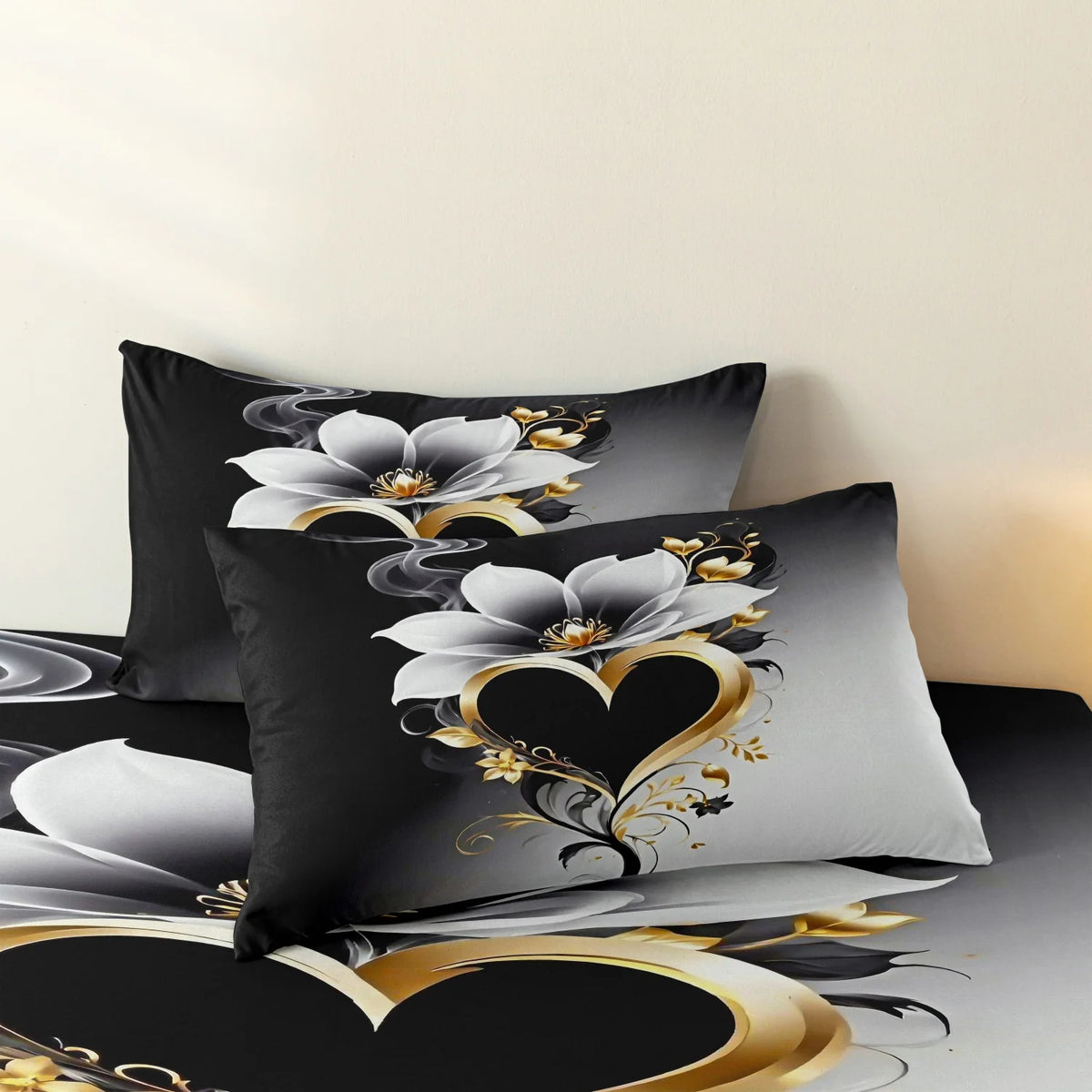 Black duvet cover set featuring a romantic floral design with gold scroll accents on a white background.