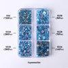 A clear plastic container holds various sizes of blue aquamarine glass rhinestones categorized by SS6, SS10, SS20, and SS30.