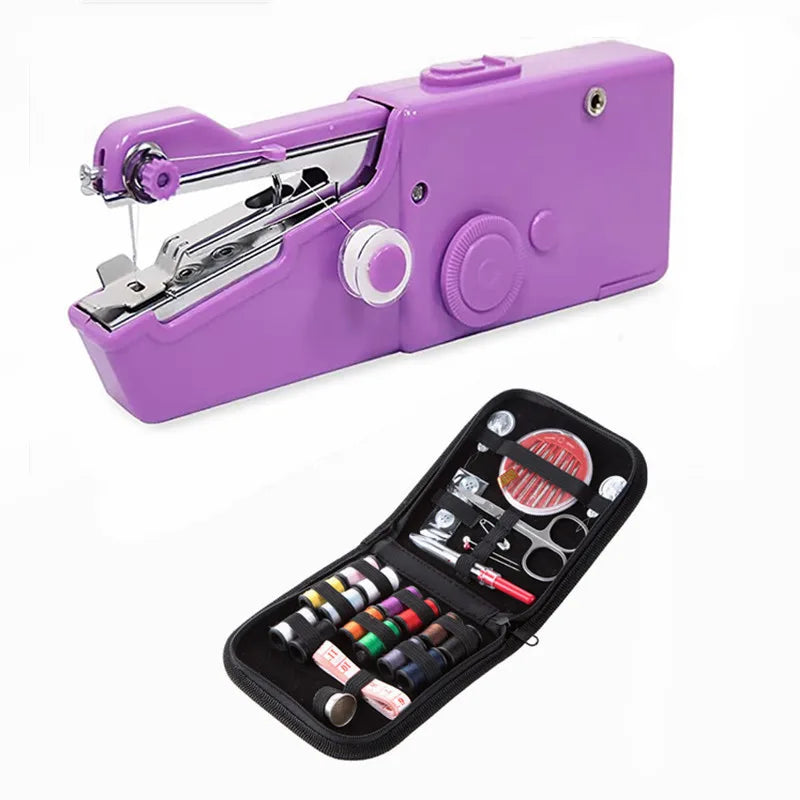 A purple portable mini hand sewing machine with a metal presser foot and a storage case containing various sewing tools.