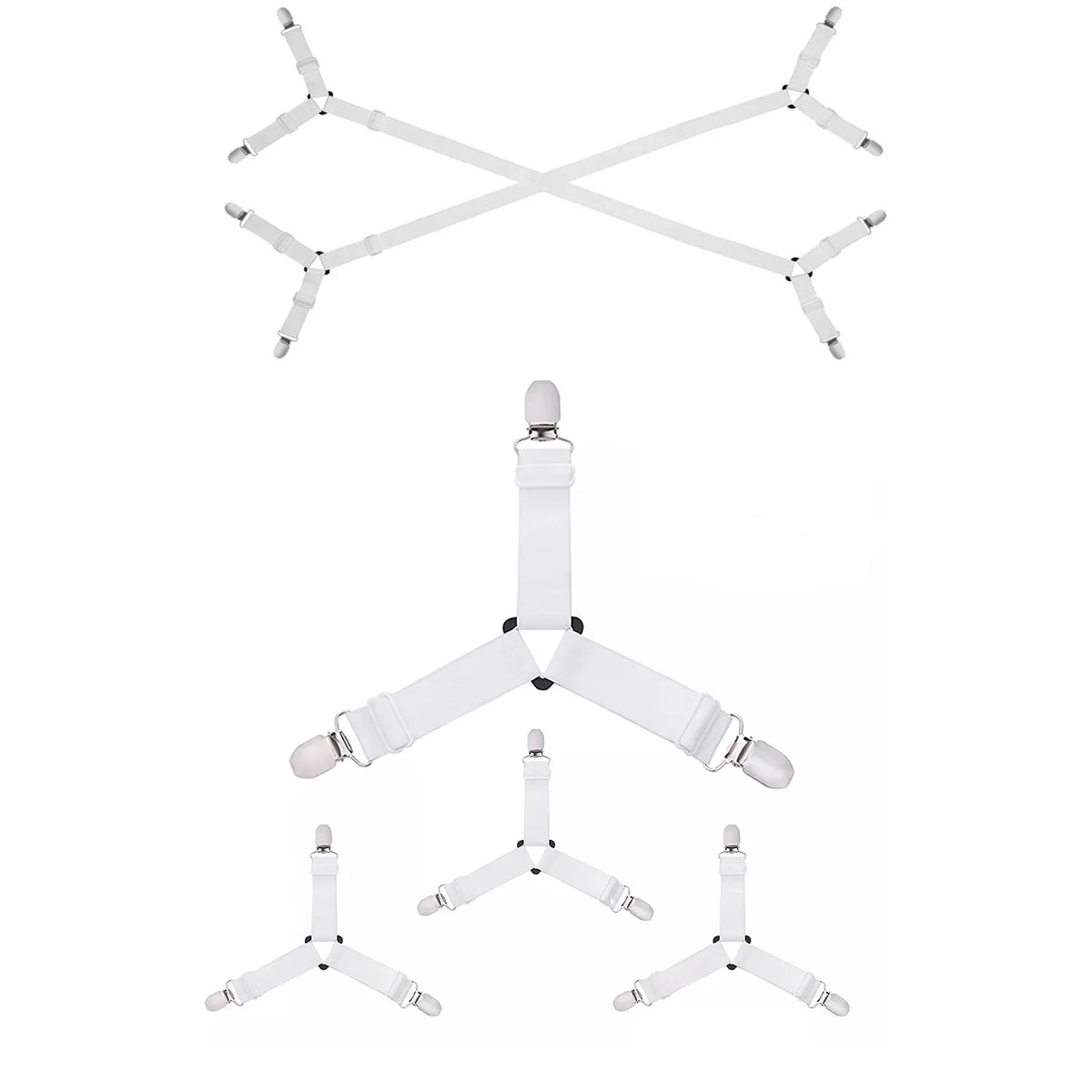 A set of six white adjustable bed sheet straps for keeping fitted sheets tightly in place.