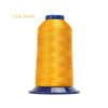 A spool of gold-colored polyester embroidery thread with a blue cap.