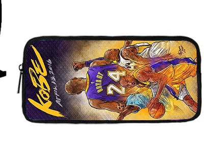 A black zippered pouch featuring a graphic of a basketball player in an orange and purple jersey.