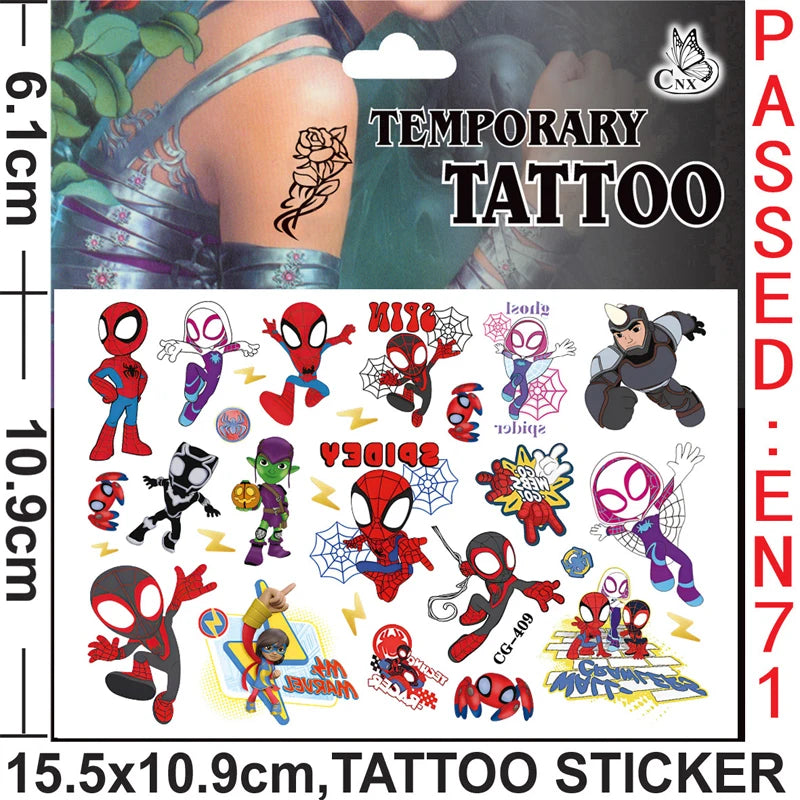 A package of temporary superhero tattoos featuring Spider-Man and his friends for parties.
