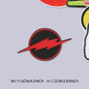 A black circular embroidered patch featuring a red lightning bolt design on a light gray background.
