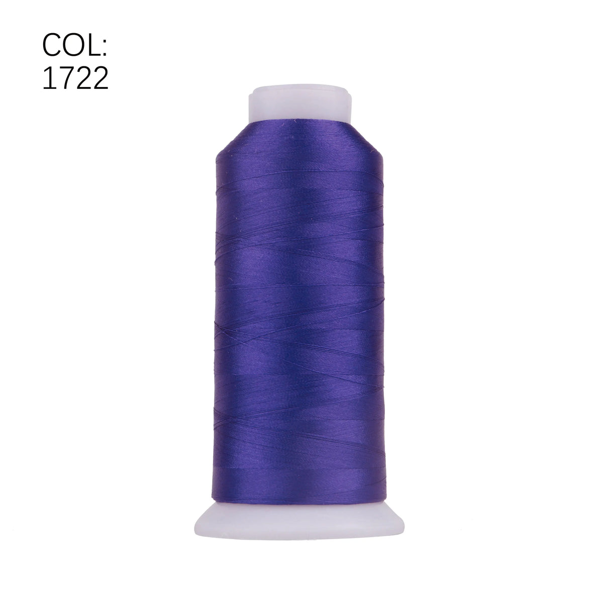 A spool of deep purple high tenacity machine embroidery thread labeled COL: 1722