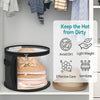 A storage organizer for hats, showing a woven hat inside a black mesh container with care instructions.