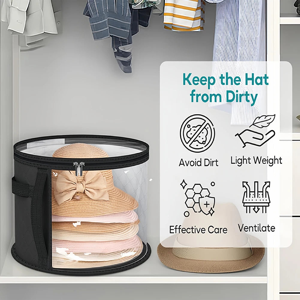A storage organizer for hats, showing a woven hat inside a black mesh container with care instructions.